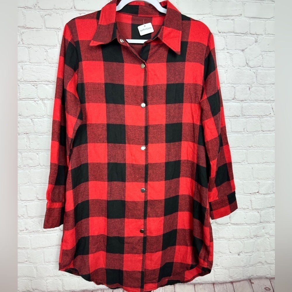 Apricot Lane red plaid flannel button front long sleeve shirt dress sz M, NWT